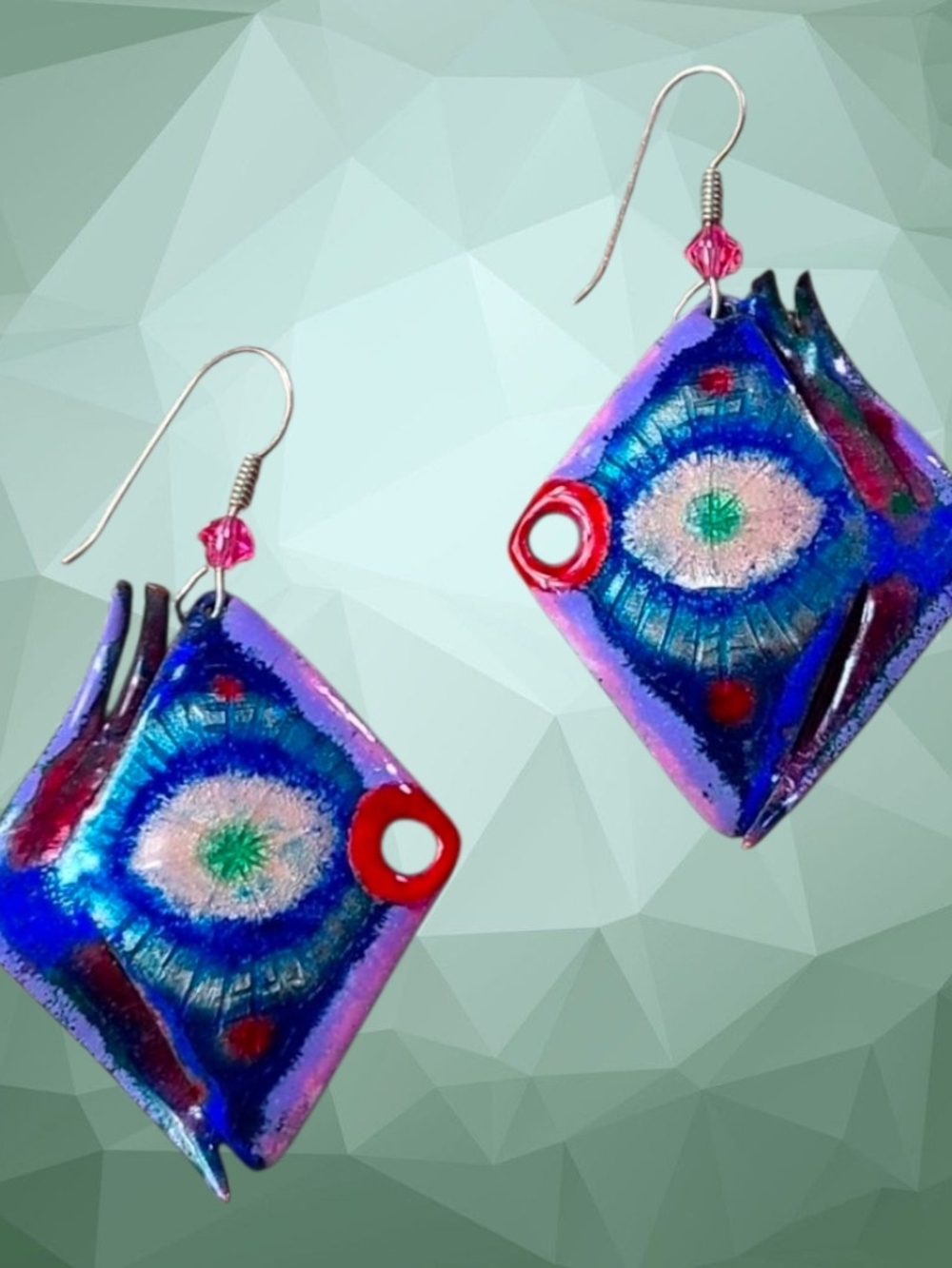 Vintage Blue and Pink Hand-Painted  Metal Art Earrings - Picture 2 of 2
